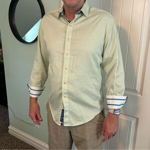 Robert Graham cotton button down large green and white strip shirt
